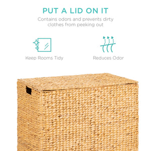 Extra Large Water Hyacinth Double Laundry Hamper Basket w/ 2 Liner Bags