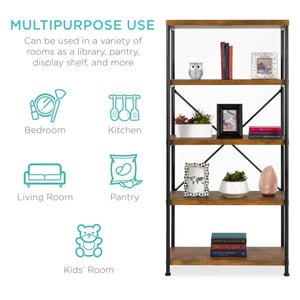 5-Tier Industrial Bookshelf w/ Metal Frame, Wood Shelves