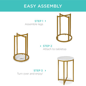 Round Coffee Side Table w/ Faux Marble Top, Metal Frame