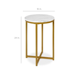 Round Coffee Side Table w/ Faux Marble Top, Metal Frame