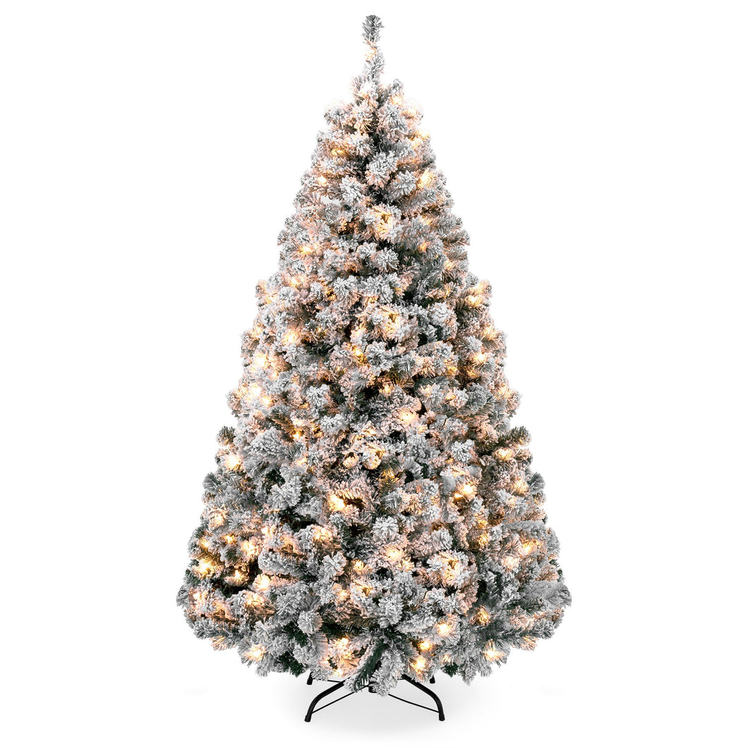 Pre-Lit Snow Flocked Artificial Pine Christmas Tree w/ Warm White Lights