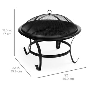 Steel Outdoor Patio Fire Pit Bowl w/ Screen Cover, Poker - 22in