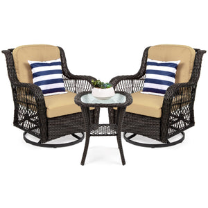 3-Piece Patio Wicker Bistro Furniture Set w/ 2 Swivel Rocking Chairs, Table