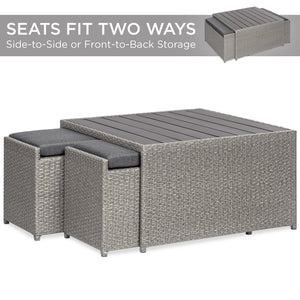 3-Piece Outdoor Wicker Coffee Table Conversation Set w/ Ottoman Benches