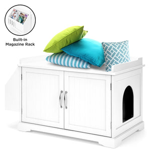 Large Wooden Cat Litter Box Enclosure Cabinet & Side Table w/ Magazine Rack