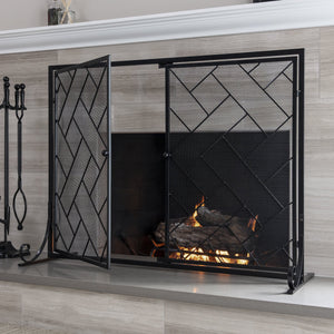 44x33in 2-Panel Wrought Iron Geometric Fireplace Screen w/ Magnetic Doors