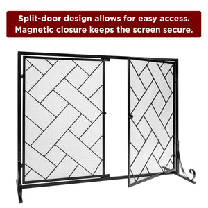44x33in 2-Panel Wrought Iron Geometric Fireplace Screen w/ Magnetic Doors