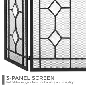 3-Panel 48x30in Glass Diamond Accent Handcrafted Iron Fireplace Screen