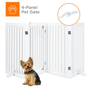 31.5in 4-Panel Freestanding Wooden Pet Gate w/ Door, Support Feet
