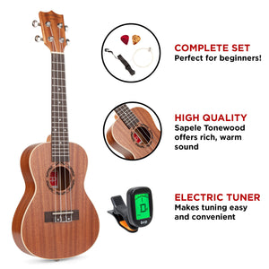 23in Acoustic Concert Sapele Ukulele Starter Kit w/ Gig Bag, Strap, Tuner