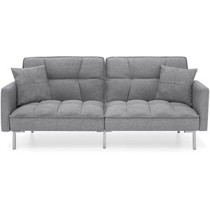 Convertible Linen Tufted Futon w/ 2 Plush Pillows, Split-Back Design