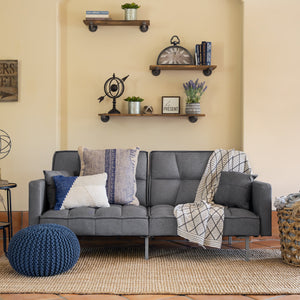 Convertible Linen Tufted Futon w/ 2 Plush Pillows, Split-Back Design