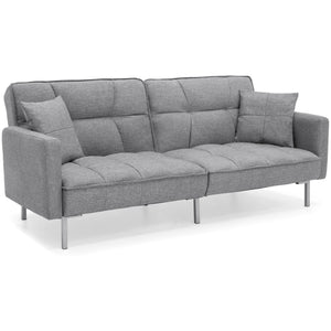 Convertible Linen Tufted Futon w/ 2 Plush Pillows, Split-Back Design