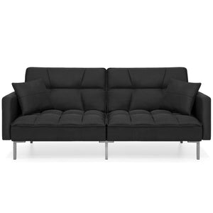 Convertible Linen Tufted Futon w/ 2 Plush Pillows, Split-Back Design