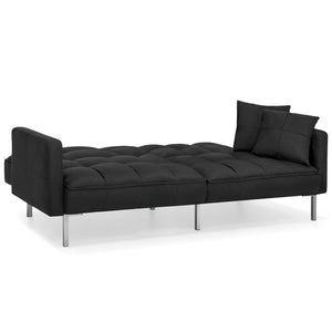 Convertible Linen Tufted Futon w/ 2 Plush Pillows, Split-Back Design