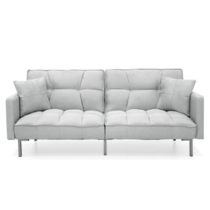 Convertible Linen Tufted Futon w/ 2 Plush Pillows, Split-Back Design
