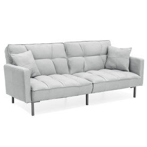 Convertible Linen Tufted Futon w/ 2 Plush Pillows, Split-Back Design