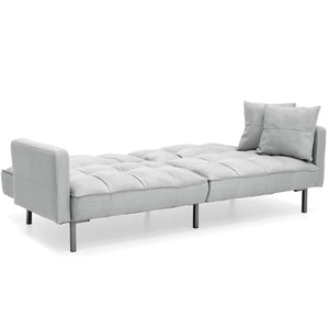 Convertible Linen Tufted Futon w/ 2 Plush Pillows, Split-Back Design
