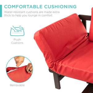 Outdoor Convertible Acacia Wood Futon Sofa w/ 4 Pillows, Removable Cushion