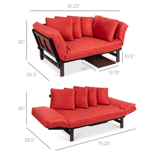 Outdoor Convertible Acacia Wood Futon Sofa w/ 4 Pillows, Removable Cushion