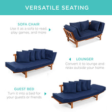 Load image into Gallery viewer, Outdoor Convertible Acacia Wood Futon Sofa w/ 4 Pillows, Removable Cushion
