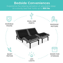 Load image into Gallery viewer, Split King Size Adjustable Bed Base with Massage, Remote, USB Ports
