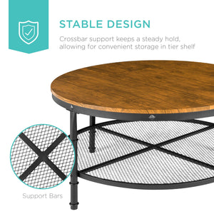 2-Tier 35.5" Round Industrial Wood & Steel Coffee Table, Storage Shelves