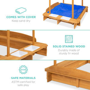 Kids Wooden Cabana Sandbox w/ Benches, Canopy Shade, Sand Cover, 2 Buckets