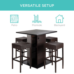 5-Piece Wicker Bar Set w/ 4 Stools, Built-In Bottle Opener, Hidden Storage