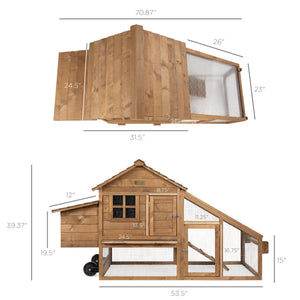 Mobile Wood Chicken Coop w/ Wheels, 2 Doors, Nest Box, UV Panel - 70in